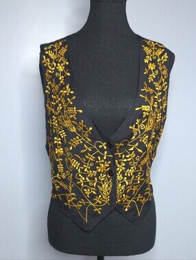 Vintage 90s Fashion Options Embroidered Vest Gold Floral Boho Made in India M